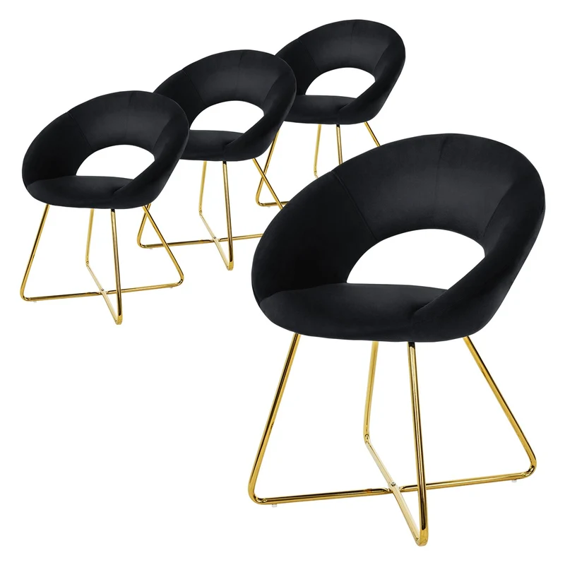 4er Set Esszimmerstuhl mit runder offener Rückenlehne Schwarz aus Samt mit goldenen Metallbeinen ML-Design
