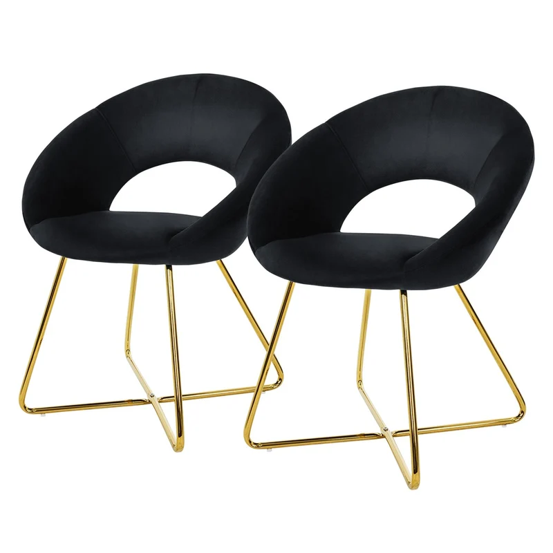 2er Set Esszimmerstuhl mit runder offener Rückenlehne Schwarz aus Samt mit goldenen Metallbeinen ML-Design