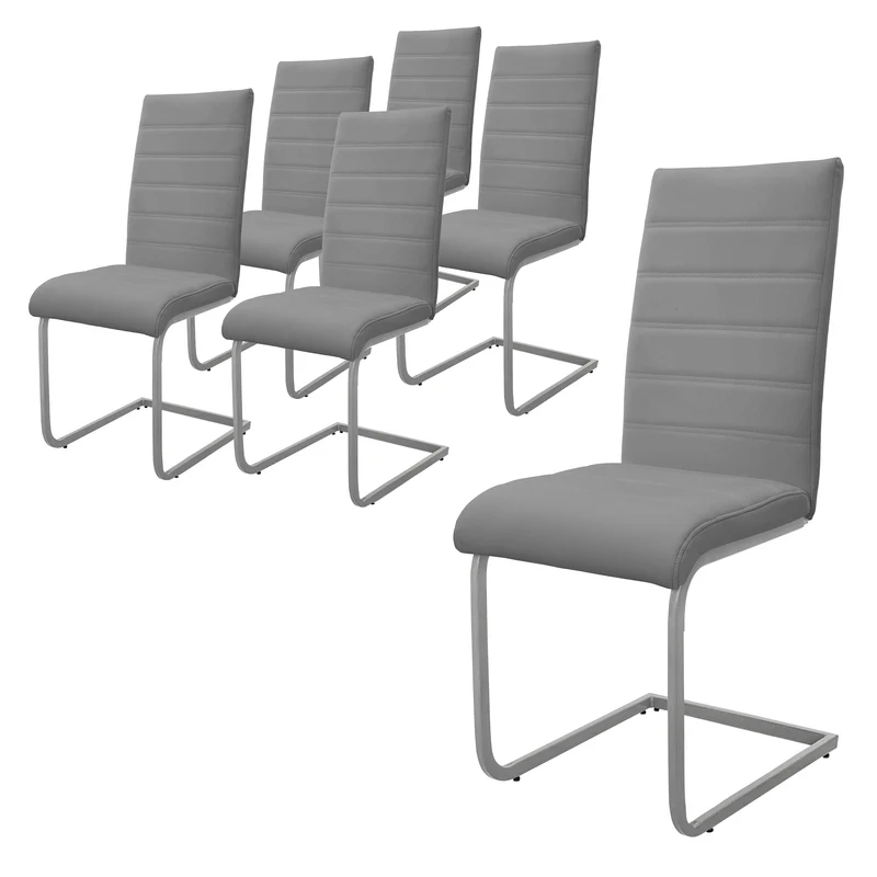 6er Set Esszimmerstuhl Freischwinger mit Rückenlehne Grau Kunsterlederbezug ML-Design