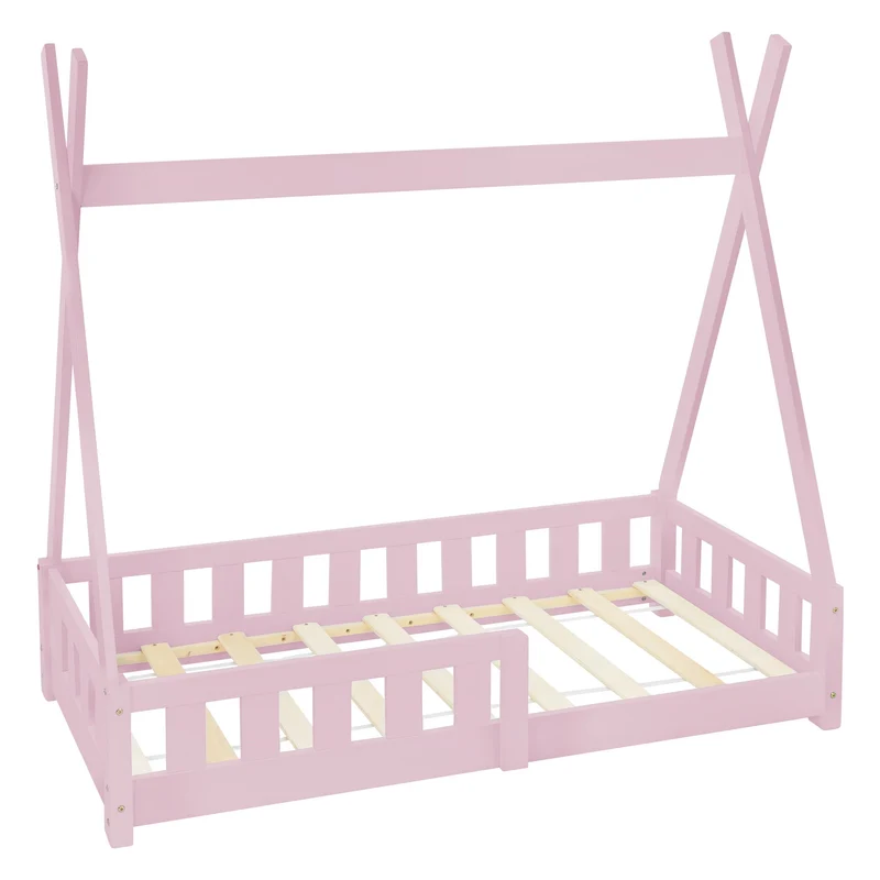 Kinderbett Tipi 70x140 cm Rosa aus Kiefernholz mit Rausfallschutz und Lattenrost Holzbett ML-Design