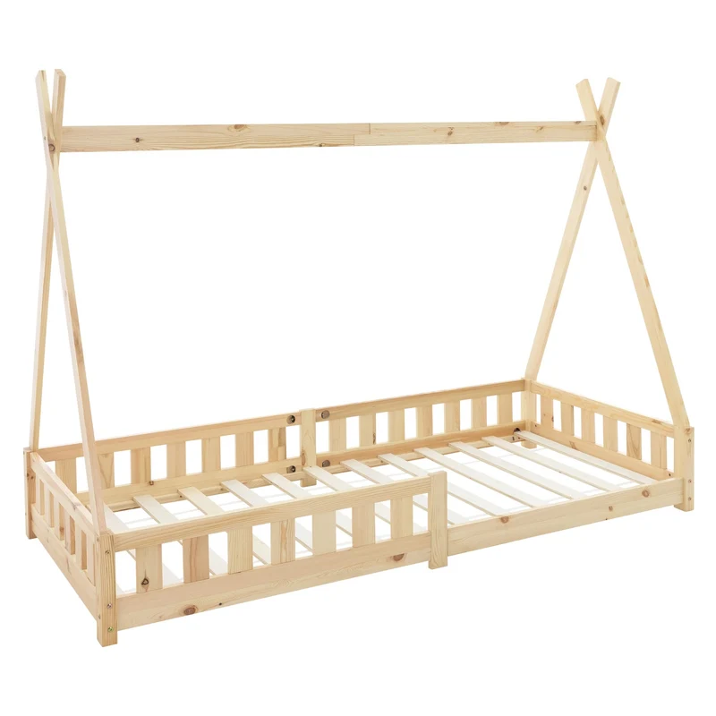 Kinderbett Tipi 90x200 cm aus Kiefernholz mit Rausfallschutz und Lattenrost Holzbett ML-Design