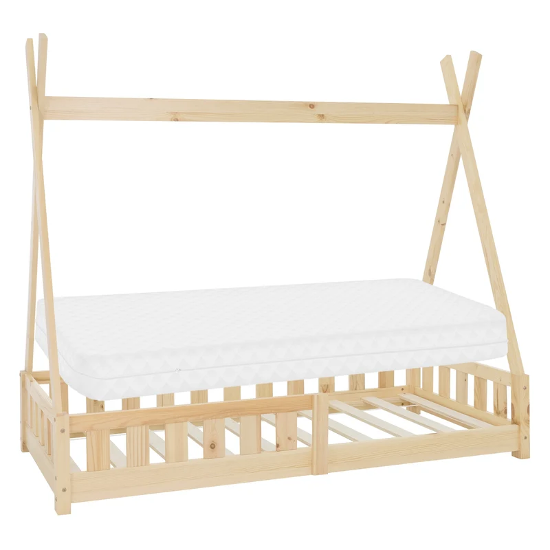 Kinderbett Tipi 80x160 cm aus Kiefernholz inkl. Matratze H-10cm Rausfallschutz und Lattenrost ML-Design