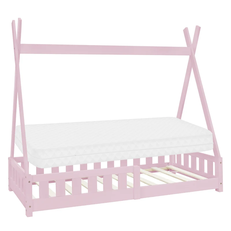 Kinderbett Tipi 80x160 cm Rosa aus Kiefernholz inkl. Matratze H-10cm Rausfallschutz und Lattenrost ML-Design