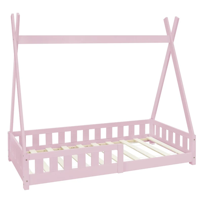 Kinderbett Tipi 80x160 cm Rosa aus Kiefernholz mit Rausfallschutz und Lattenrost Holzbett ML-Design