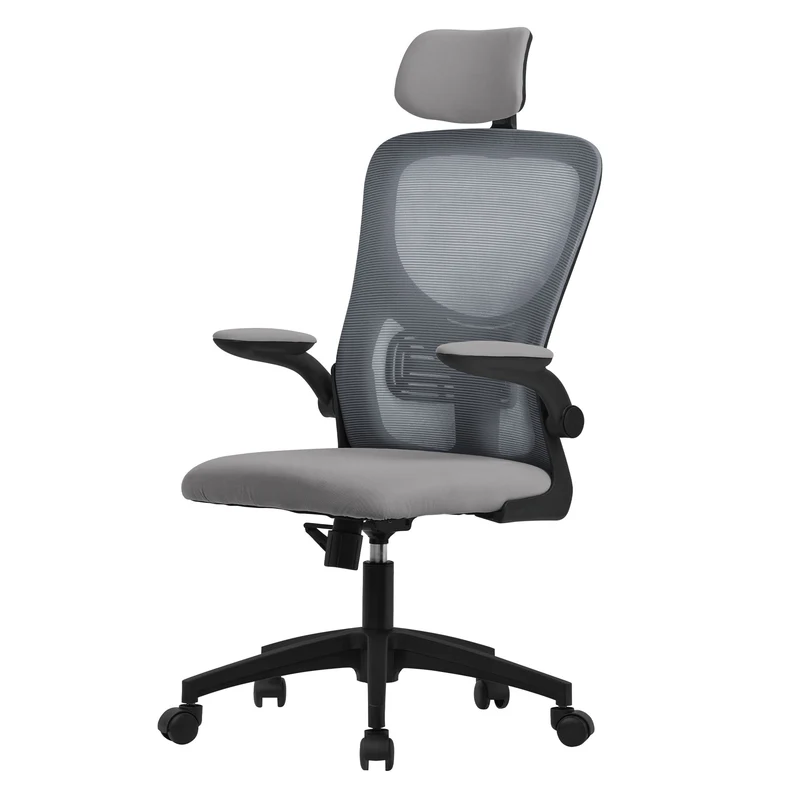 Ergonomischer Bürostuhl Grau Netzgewebe mit verstellbarer Kopfstütze und Rollen ML-Design