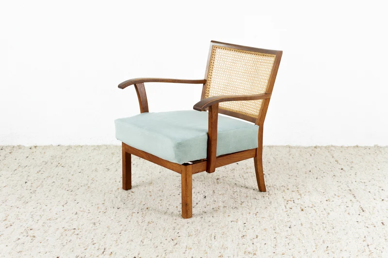Vintage Sessel Massivholz Wiener Geflecht Blau Armchair Tv Stuhl