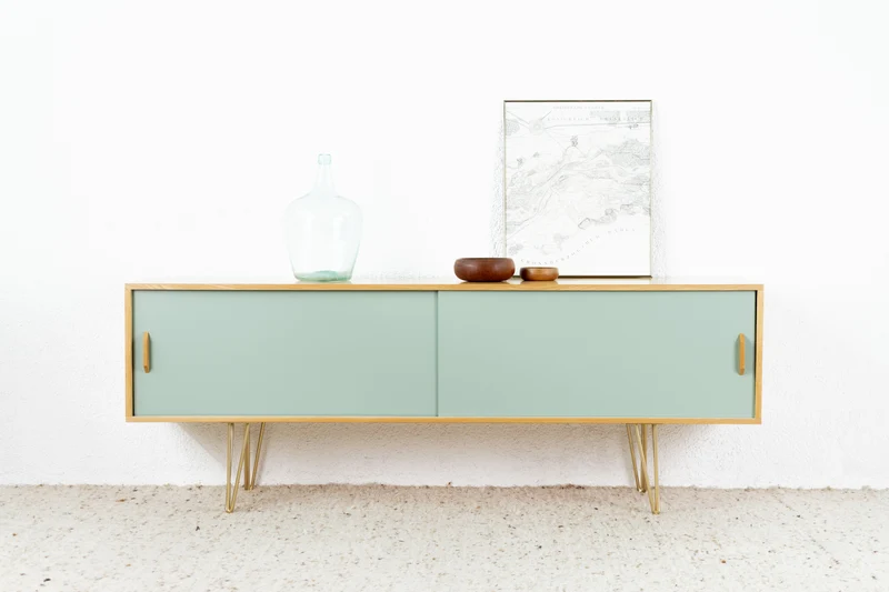 Sideboard Kommode Schiebetüren Vintage Holz Tv Low Board pastell salbei