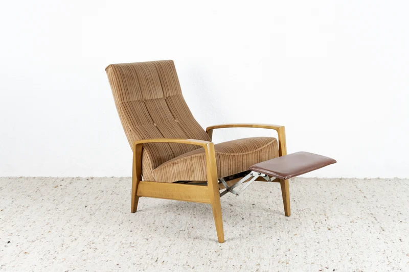 Vintage Sessel Ausklappbar Hocker Massivholz Schlafsessel Fernsehsessel Mid Century Armchair