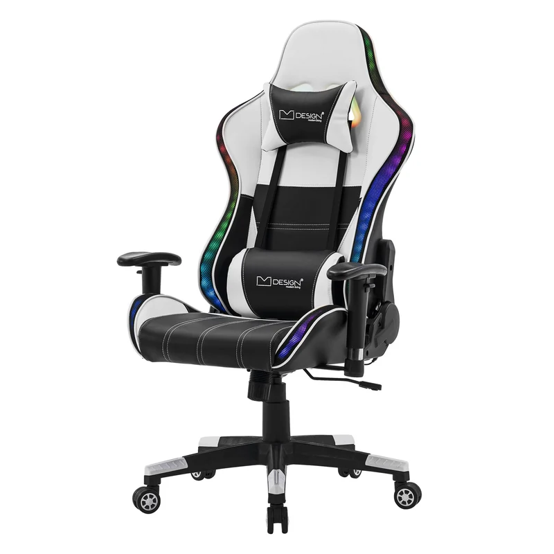 Gamingstuhl mit RGB Beleuchtung & Bluetoothboxen Schwarz/Weiß aus Kunstleder ML-Design