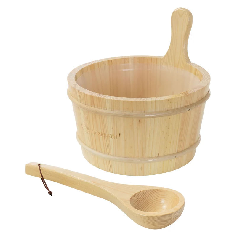 LuxeBath | Saunazubehör-Set 2-tlg aus massivem Kiefernholz, Holzeimer mit Kunststoffeinsatz & Kelle, Sauna Set Ideal als Geschenk