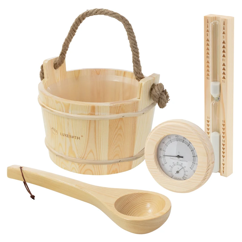 LuxeBath | Saunazubehör-Set 4-teilig aus massivem Kiefernholz, 4L Saunaeimer mit Hanftrageseil, Saunekelle, Thermometer-Hygrometer & 15min. Sanduhr