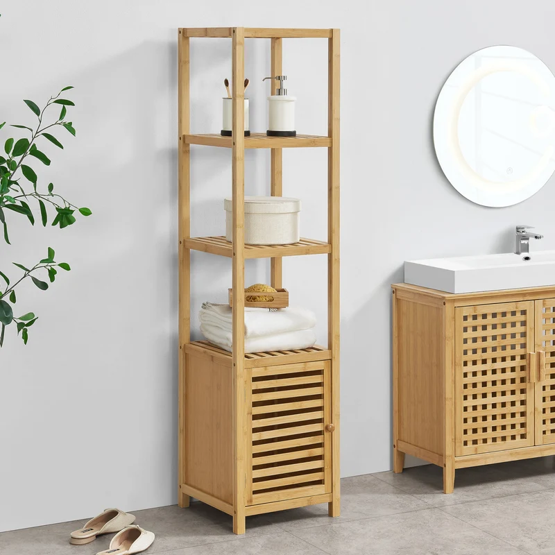 Bambusregal Liminka Badregal mit Schranktür 140x34x33cm [en.casa]
