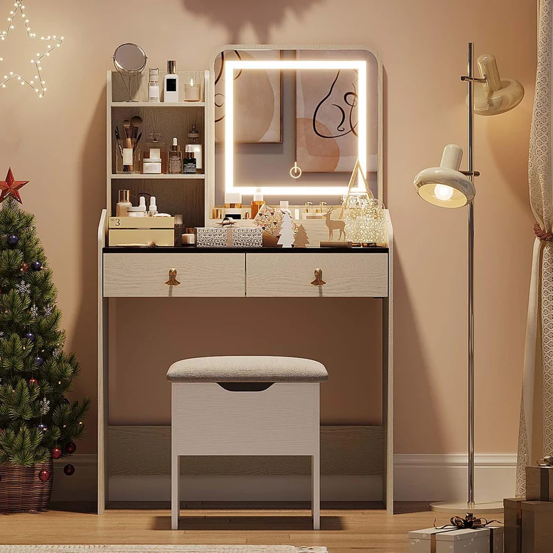 Garvee Schminktisch, LED, USB, 2 Schubladen, Kippschutz, Steckdosen, Weiß+Schwarz