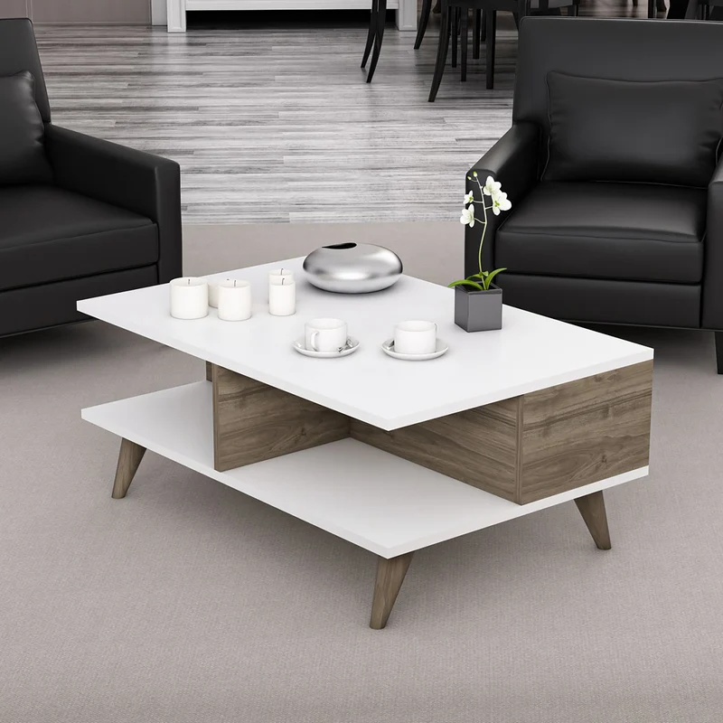 Couchtisch Grenaa mit unterer Ablage Weiß / Walnussoptik [en.casa]