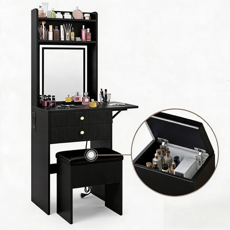 Garvee Schminktisch 50×45×153 cm, LED, USB, ausziehbar, Kippschutz, Schwarz