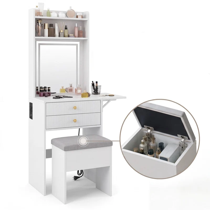 Garvee Schminktisch, LED, USB, klappbar, Kippschutz, Kabelmanagement, Weiß