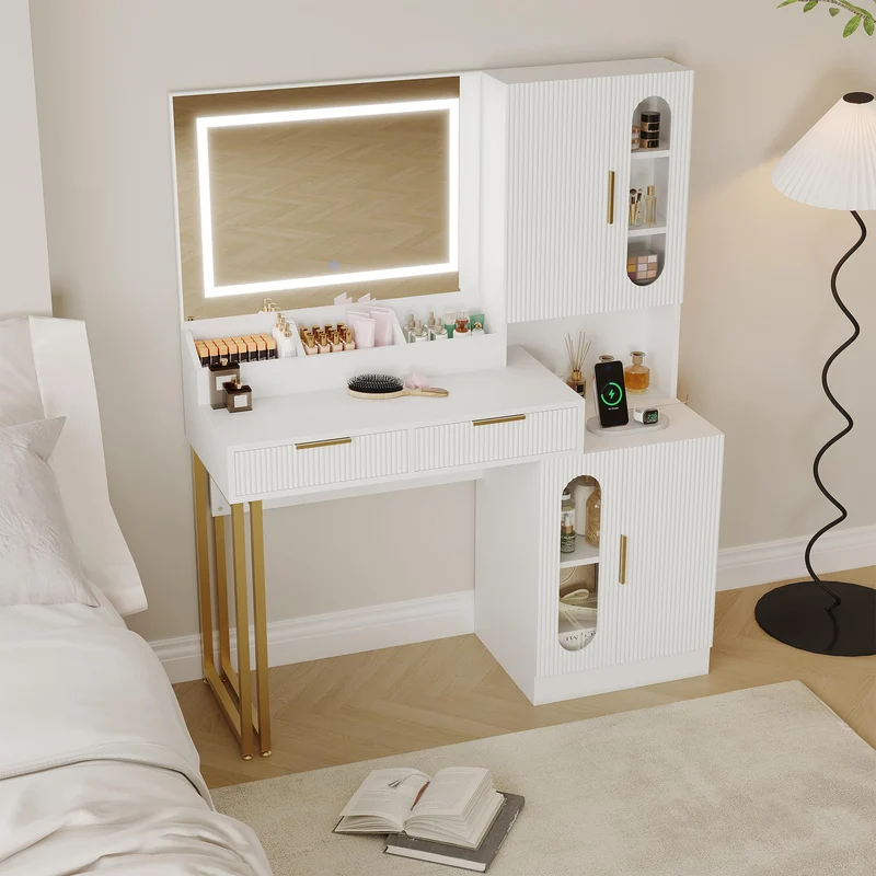 Garvee Schminktisch, LED, USB, 2 Schubladen, Kippschutz, Steckdosen, Weiß
