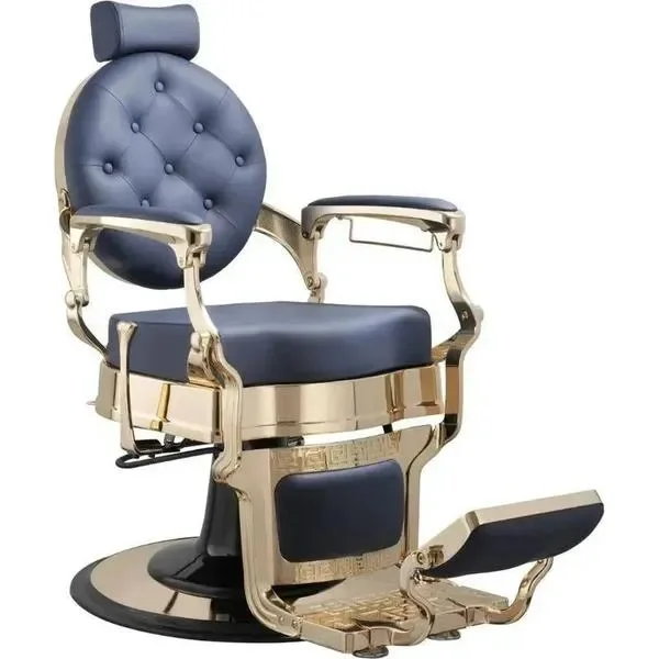 Eleganter Barber stuhl in Gold und Blau, Herren Friseurstuhl Buzz, Barbershop stuhl