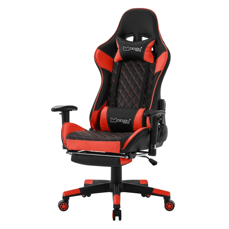Gamingstuhl mit ausziehbarer Fußstütze 2D Armlehne Schwarz/Rot aus Kunstleder ML-Design