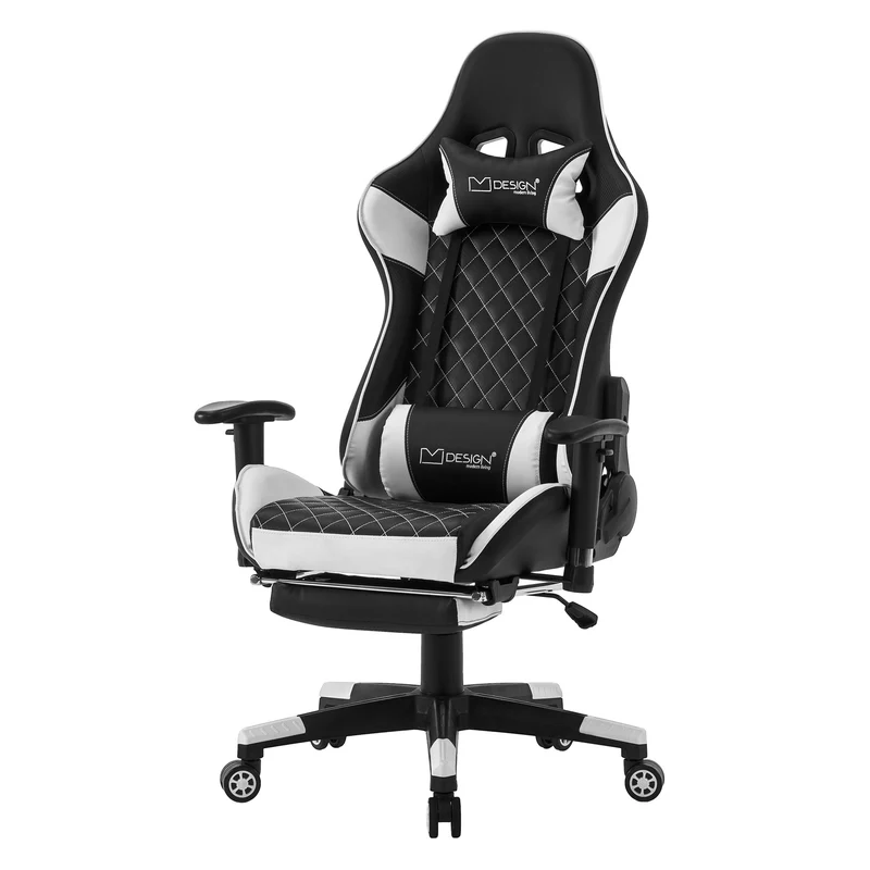 Gamingstuhl mit ausziehbarer Fußstütze 2D Armlehne Schwarz/Weiß aus Kunstleder ML-Design