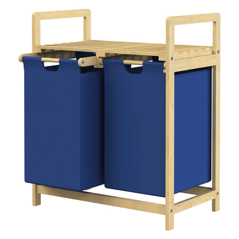 ML-DESIGN | Wäschekorb 2 Fächer 73x63x33 cm aus Bambus Dunkelblau Wäschesammler 2x30L Wäschesortierer mit Ablage Wäschebox für Badezimmer/Waschküche