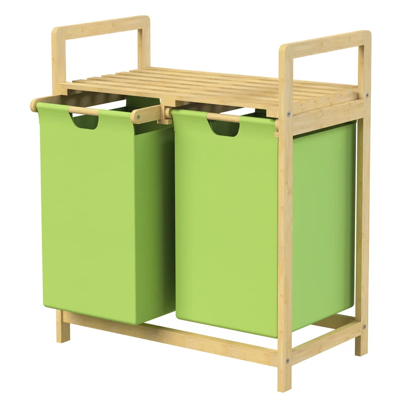 ML-DESIGN | Wäschekorb 2 Fächer 73x63x33 cm aus Bambus Grün Wäschesammler 2x30L Wäschesortierer mit Ablage Wäschebox für Badezimmer/Waschküche
