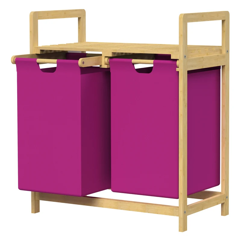 ML-DESIGN | Wäschekorb 2 Fächer 73x63x33 cm aus Bambus Magenta Wäschesammler 2x30L Wäschesortierer mit Ablage Wäschebox für Badezimmer/Waschküche