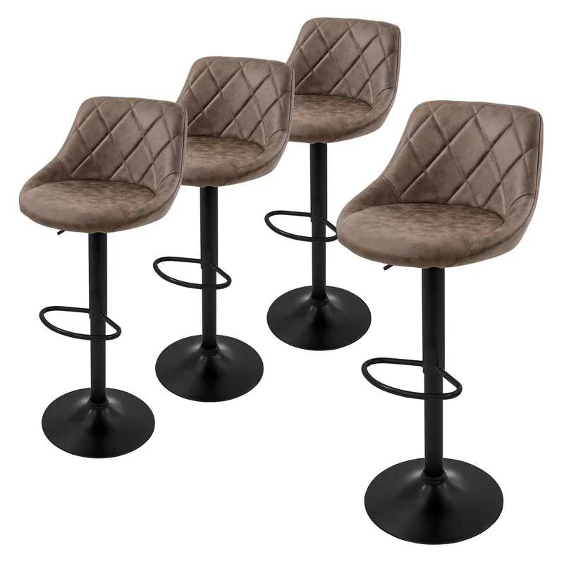 4er Set Barhocker Braun Kunstlederbezug mit Rückenlehne und Fußstütze höhenverstellbar 62-82 cm ML-Design