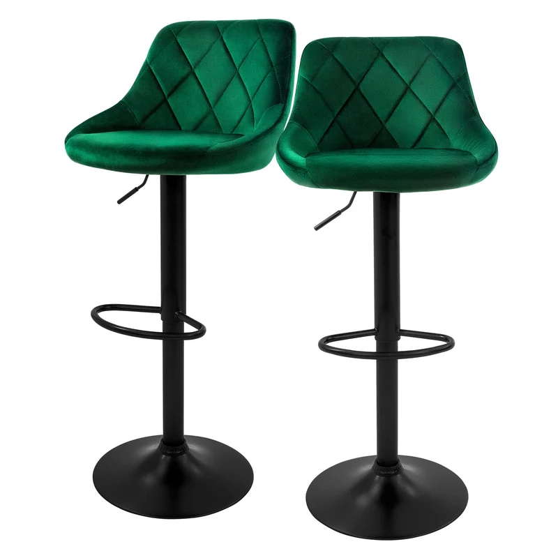 Barhocker 2er Set Grün Samtbezug mit Rückenlehne und Fußstütze höhenverstellbar 62-82cm ML-Design