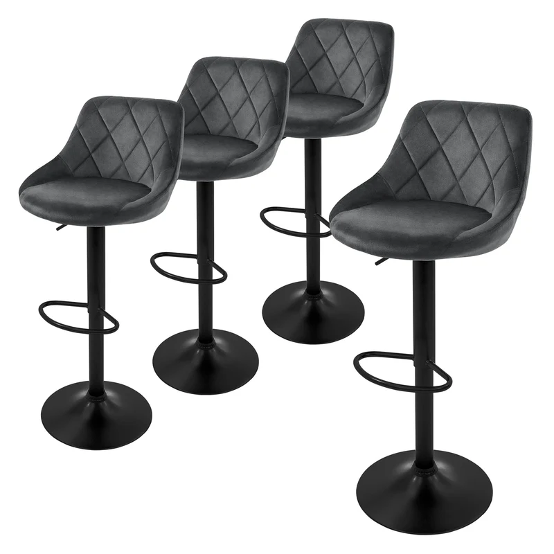 4er Set Barhocker Grau Samtbezug mit Rückenlehne und Fußstütze höhenverstellbar 62-82cm ML-Design