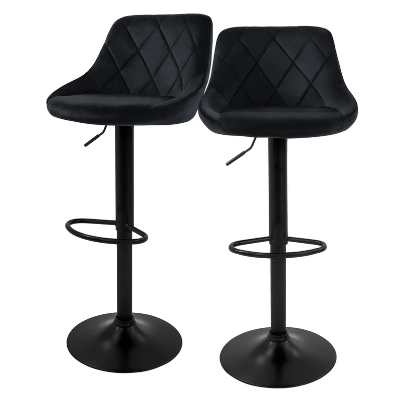 Barhocker 2er Set Schwarz Samtbezug mit Rückenlehne und Fußstütze höhenverstellbar 62-82cm ML-Design