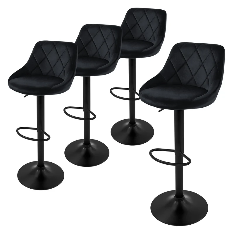 4er Set Barhocker Schwarz Samtbezug mit Rückenlehne und Fußstütze höhenverstellbar 62-82cm ML-Design