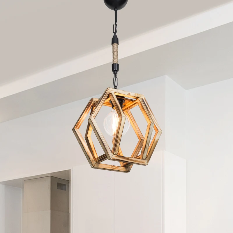 Hängeleuchte Cheltenham E27 Metall Massivholz Juteseil Schwarz / Holzoptik / Jutefarben [lux.pro]