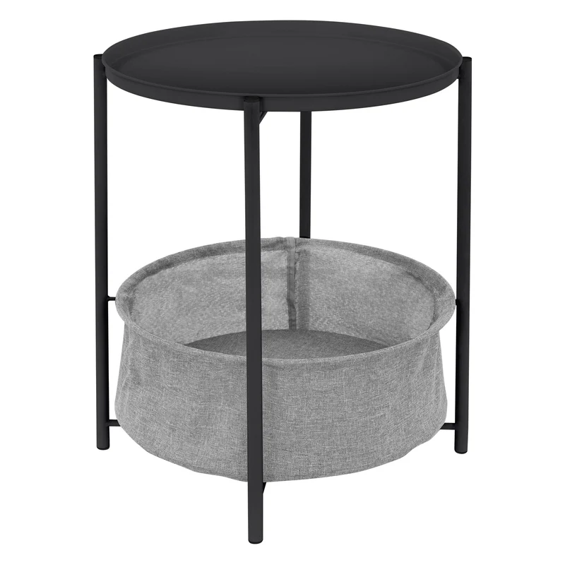 Beistelltisch rund Ø 46x51 cm Anthrazit aus Metall inkl. Tablett und Stoffkorb ML-Design