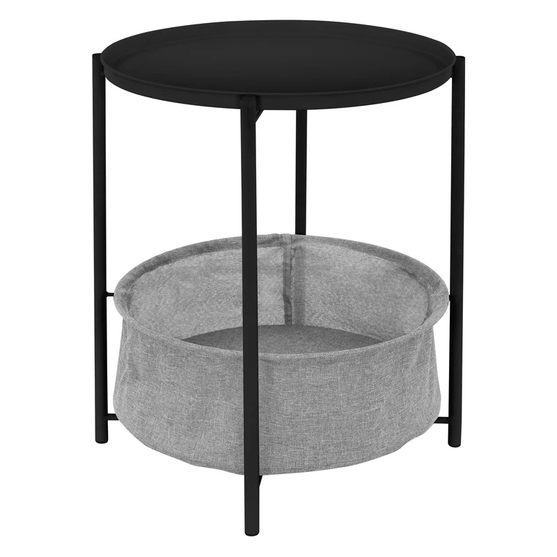 Beistelltisch rund Ø 46x51 cm Schwarz aus Metall inkl. Tablett und Stoffkorb ML-Design