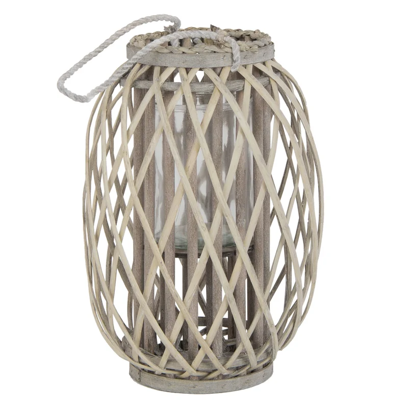 ECD Germany | Riedlaterne mit Henkel aus umweltfreundlichem RattanFlechtoptik, Windlicht, Kerzenhalter mit Glaseinsatz