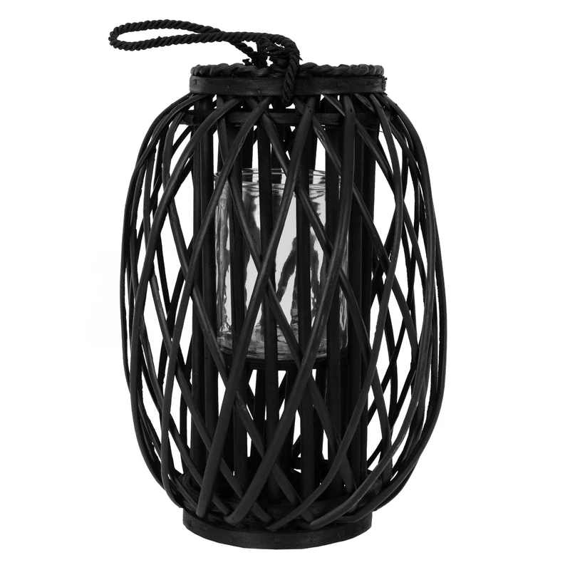 Riedlaterne mit Henkel 40x Ø26 cm Schwarz aus umweltfreundlichem Rattan