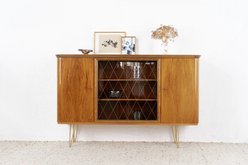 Mid Century Highboard Nuss Schrank Sideboard Vitrine