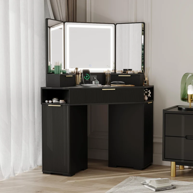 Garvee Schminktisch, LED, 3 Schubladen, verstellbare Einlegeböden, Schwarz