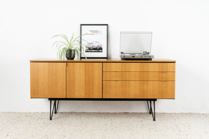 Sideboard Mid Century Schubladen schwarz 206cm