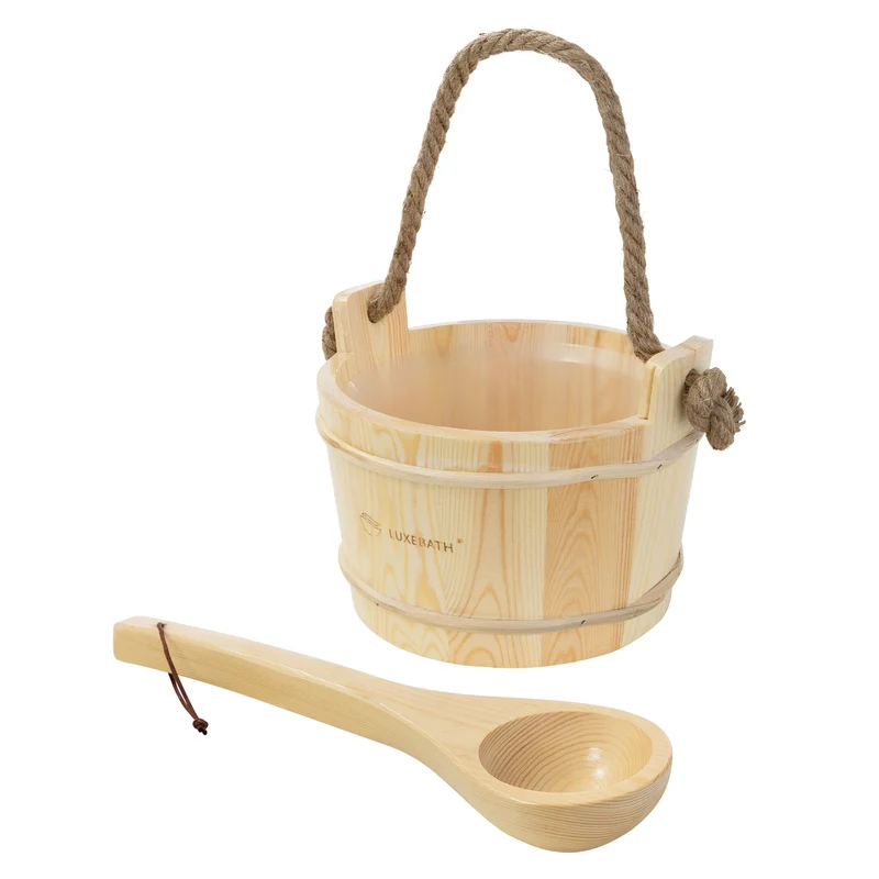 2-teilig Saunazubehör-Set aus massivem Kiefernholz, 4L Aufgusskübel mit Kunststoffeinsatz & Schöpfkelle LuxeBath