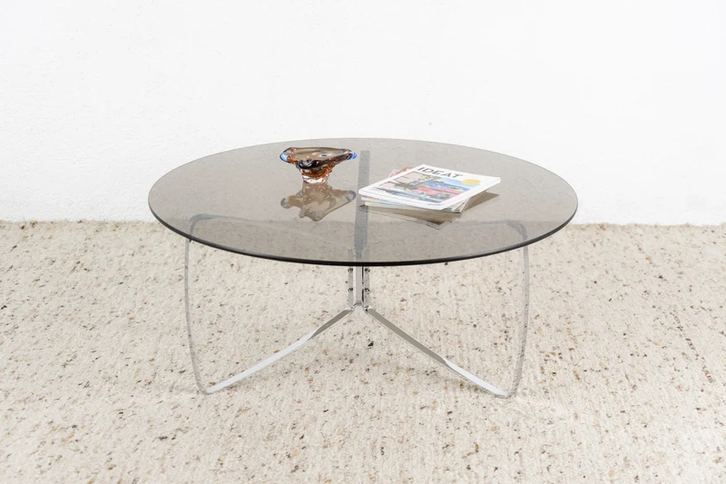 Mid Century Couchtisch Rund Rauchglas Designer