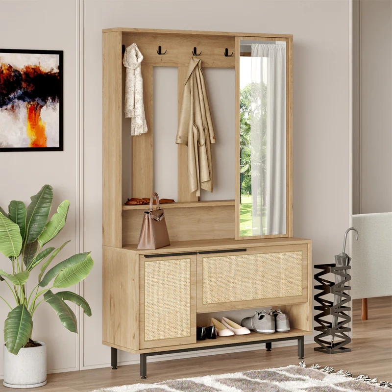 Kompaktgarderobe Kvænangen 78x112x36 cm Eiche/Rattanoptik [en.casa]