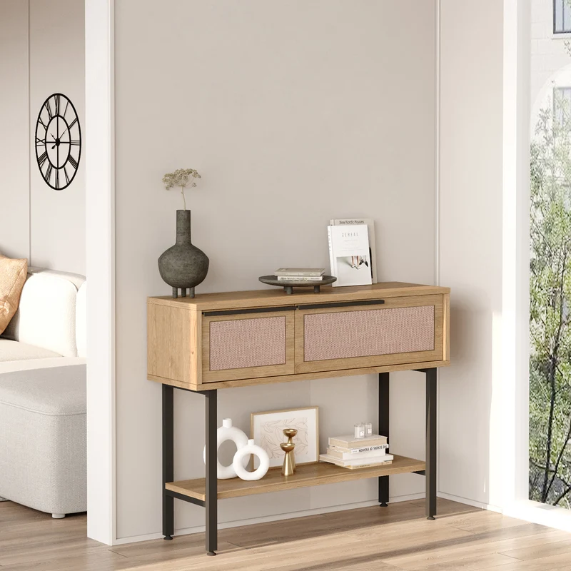 Konsolentisch Kvænangen 100x30x76 cm Eiche/Rattanoptik [en.casa]