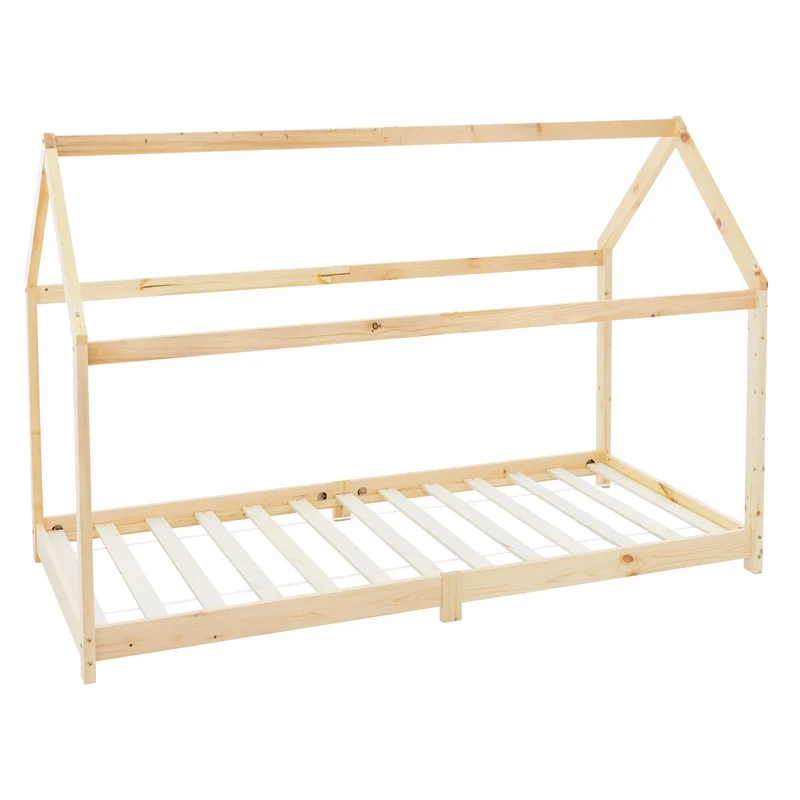 B-Ware Kinderbett Hausbett 90x200 cm aus Kiefernholz Holzbett mit Dach und Lattenrost ML-Design