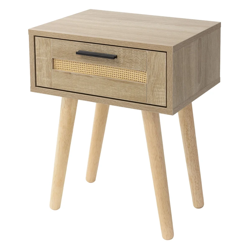 ML-Design | Nachttisch mit Rattanfront & Massivholzfüßen, Eiche-Optik, Nachtkommode Nachtschrank Beistelltisch