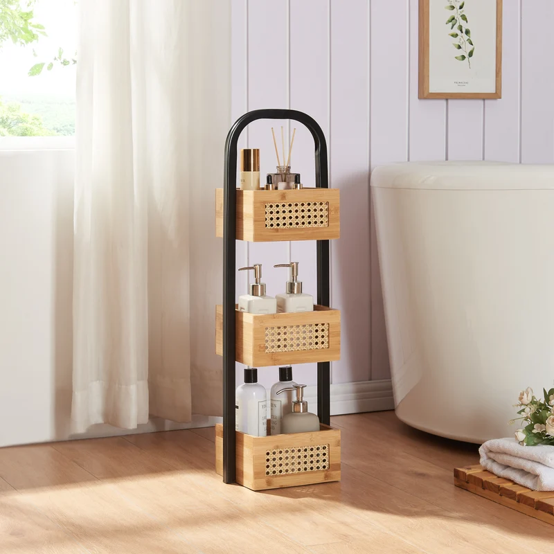 Badezimmerregal Tervola 73x23x19 cm Schwarz/Bambus [en.casa]