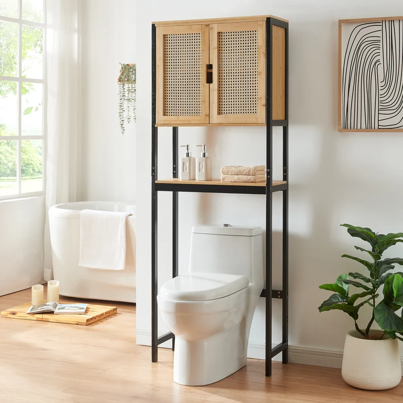 Toilettenschrank Tervola 172x63x27 cm Schwarz/Bambus [en.casa]
