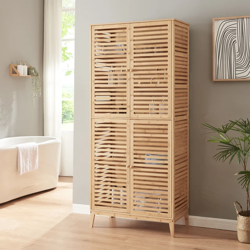 Badezimmerschrank Raurgela 180x80x40 cm Bambus [en.casa]