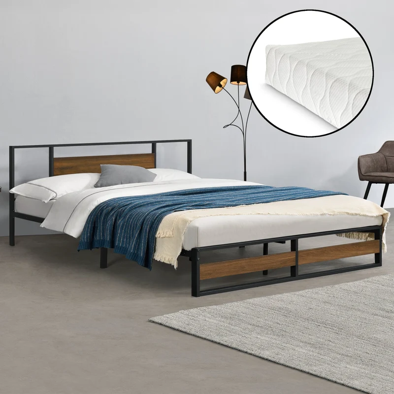 Metallbett Villach mit Matratze in versch. Größen Schwarz Walnuss-Optik [en.casa]